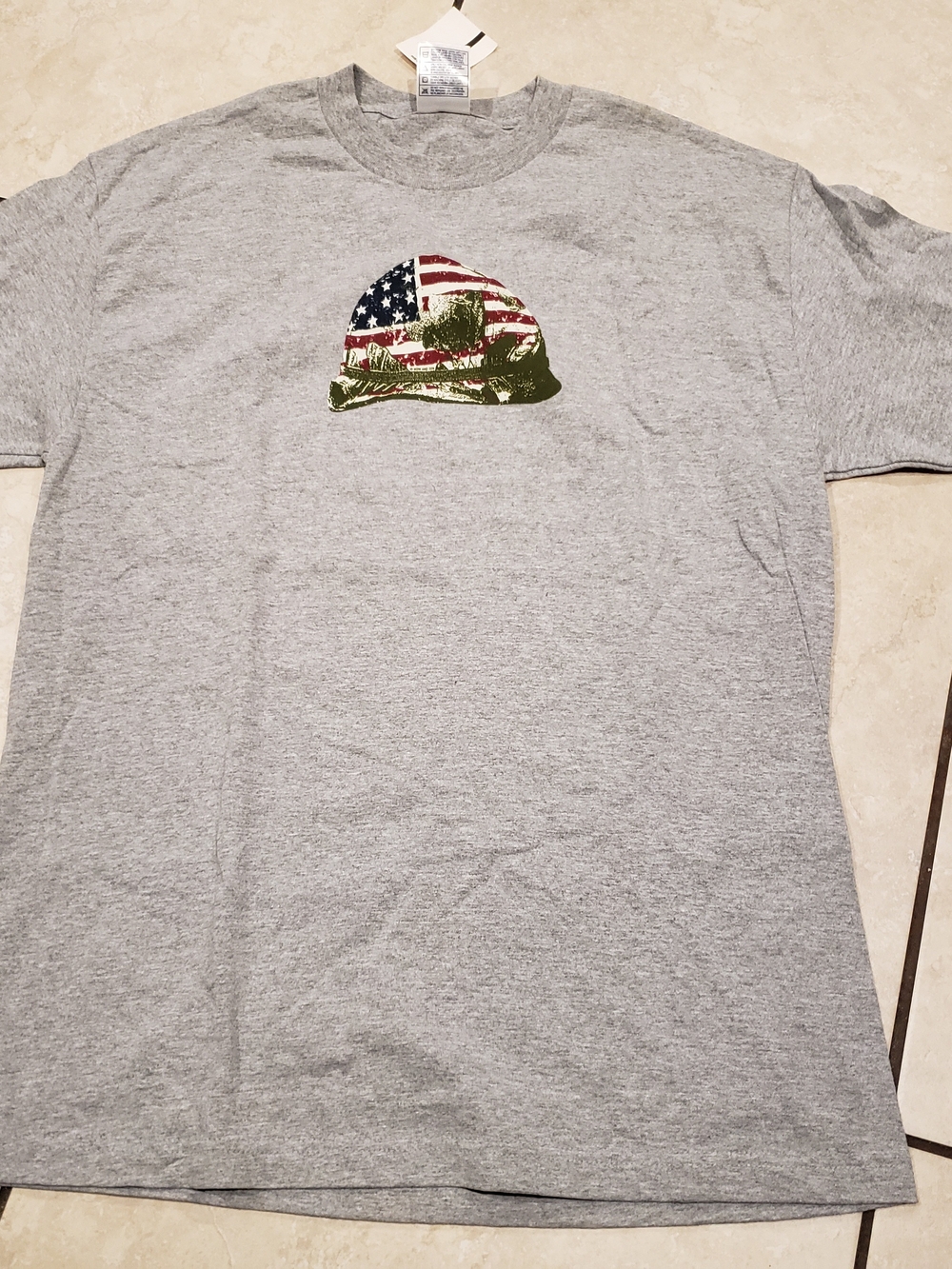 Alstyle Gray Short Sleeve Tee with American Flag Helmet Graphic